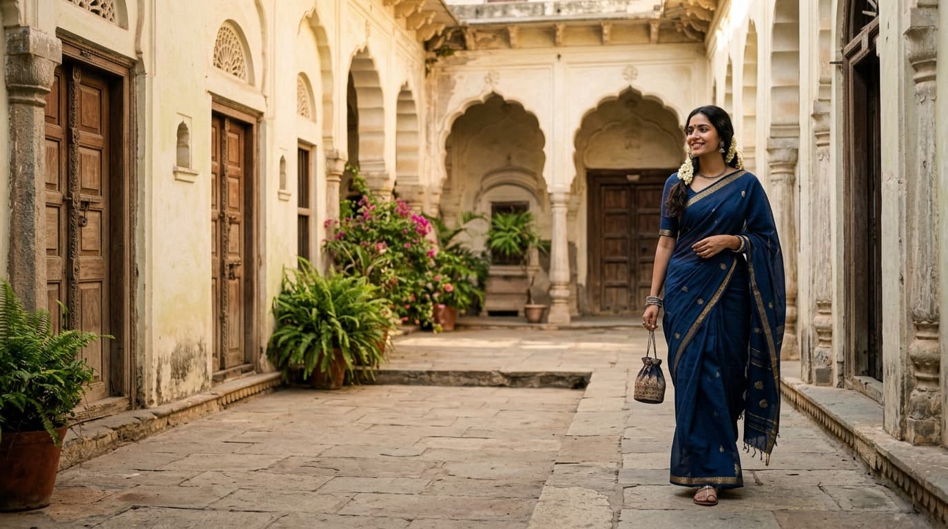 Indigo Mangalagiri cotton saree worn in a courtyard