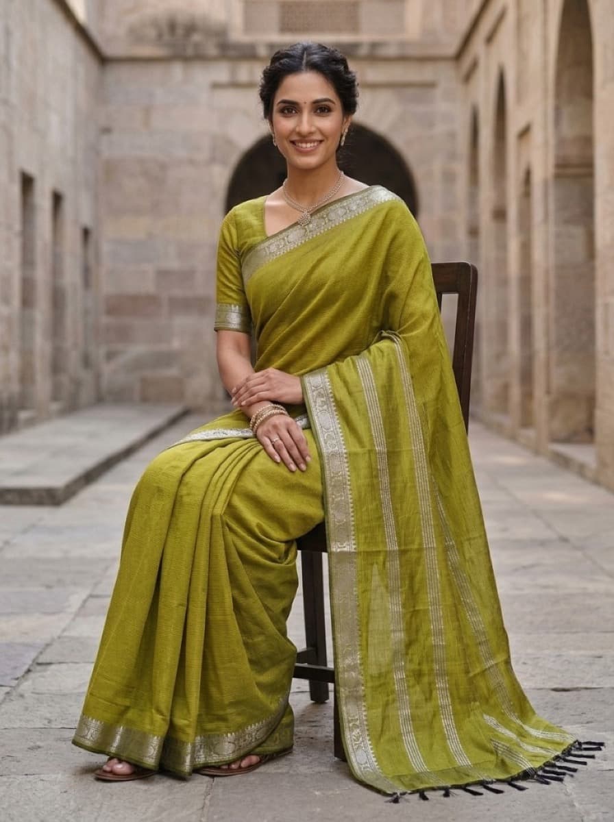 Amara olive saree on model seated outdoors