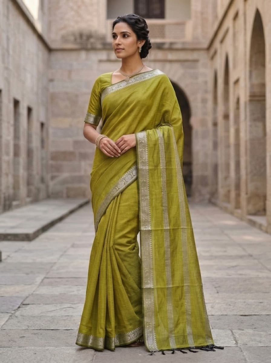 Amara olive saree on model three-quarter view showing silver striped pallu