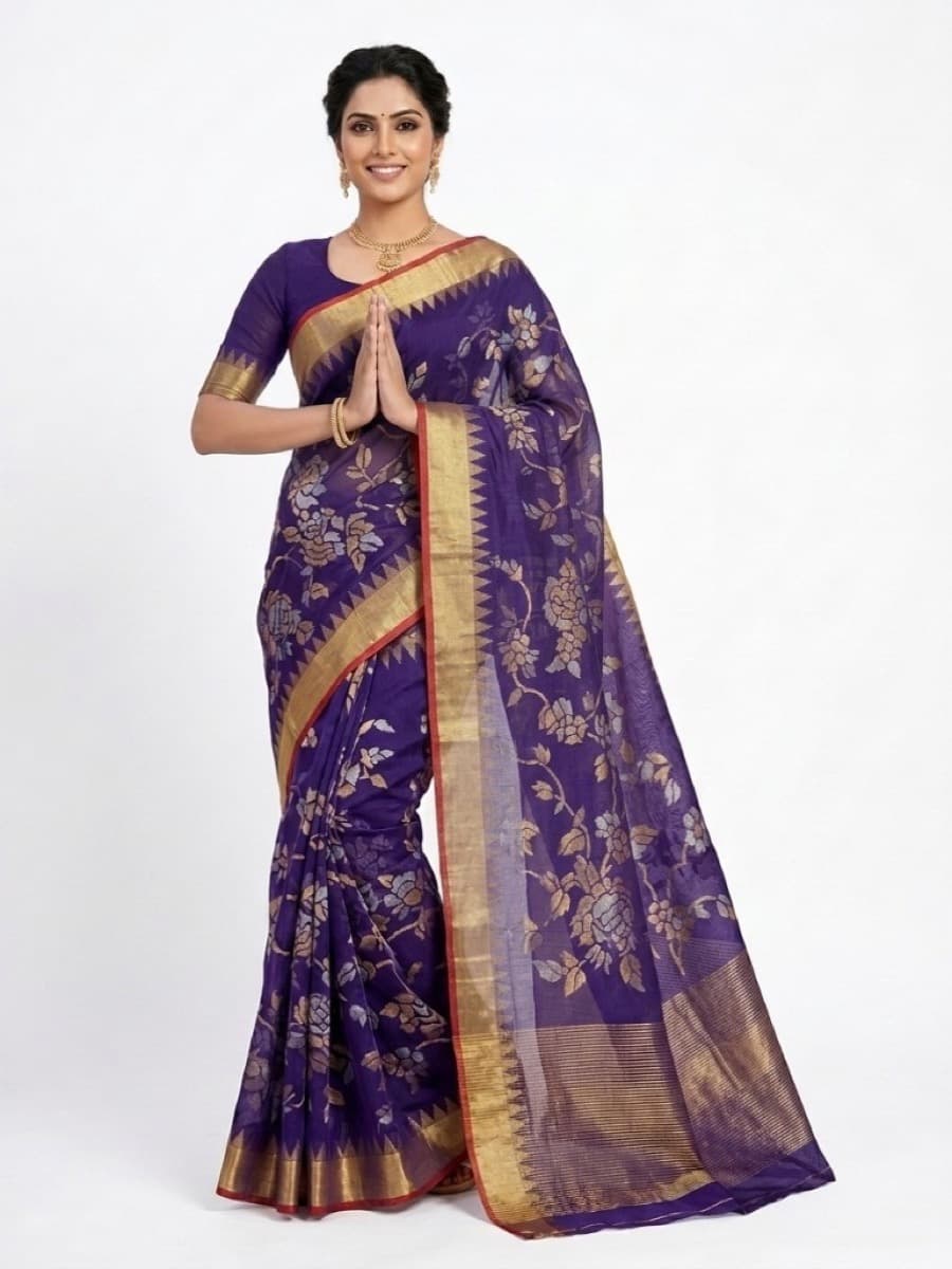 Aparajita purple Jamdani saree, namaste pose showing temple gold border