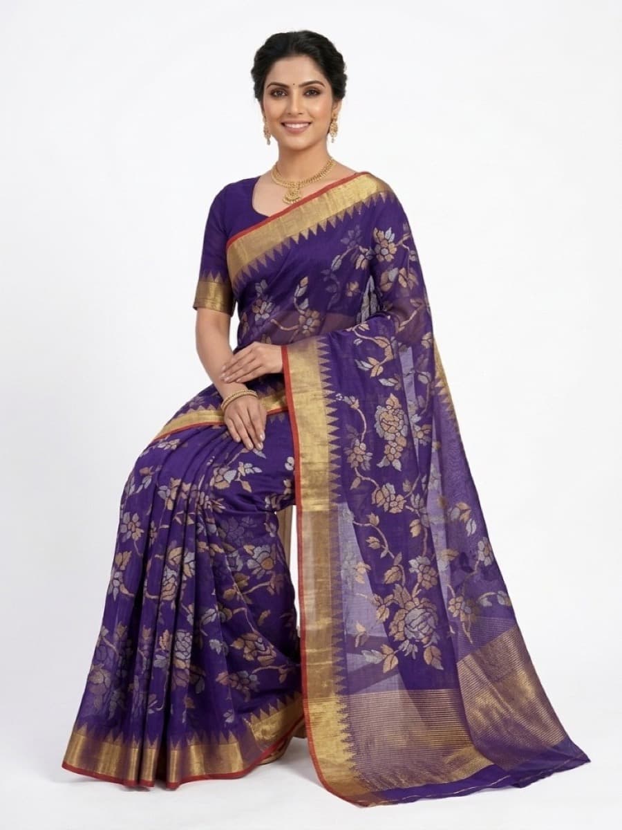 Aparajita purple Jamdani saree, seated studio drape with gold jewelry