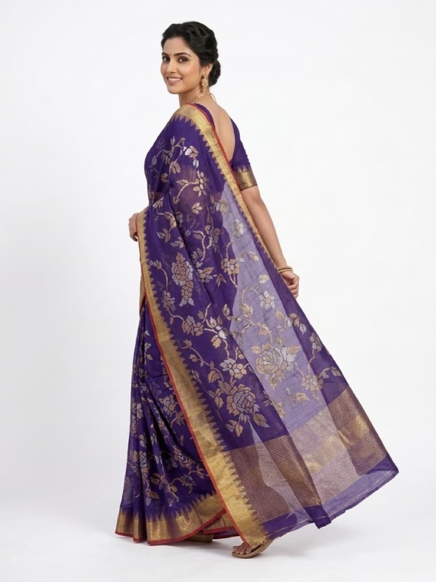 Aparajita purple Jamdani saree, looking back with pallu flared to show sheer muslin