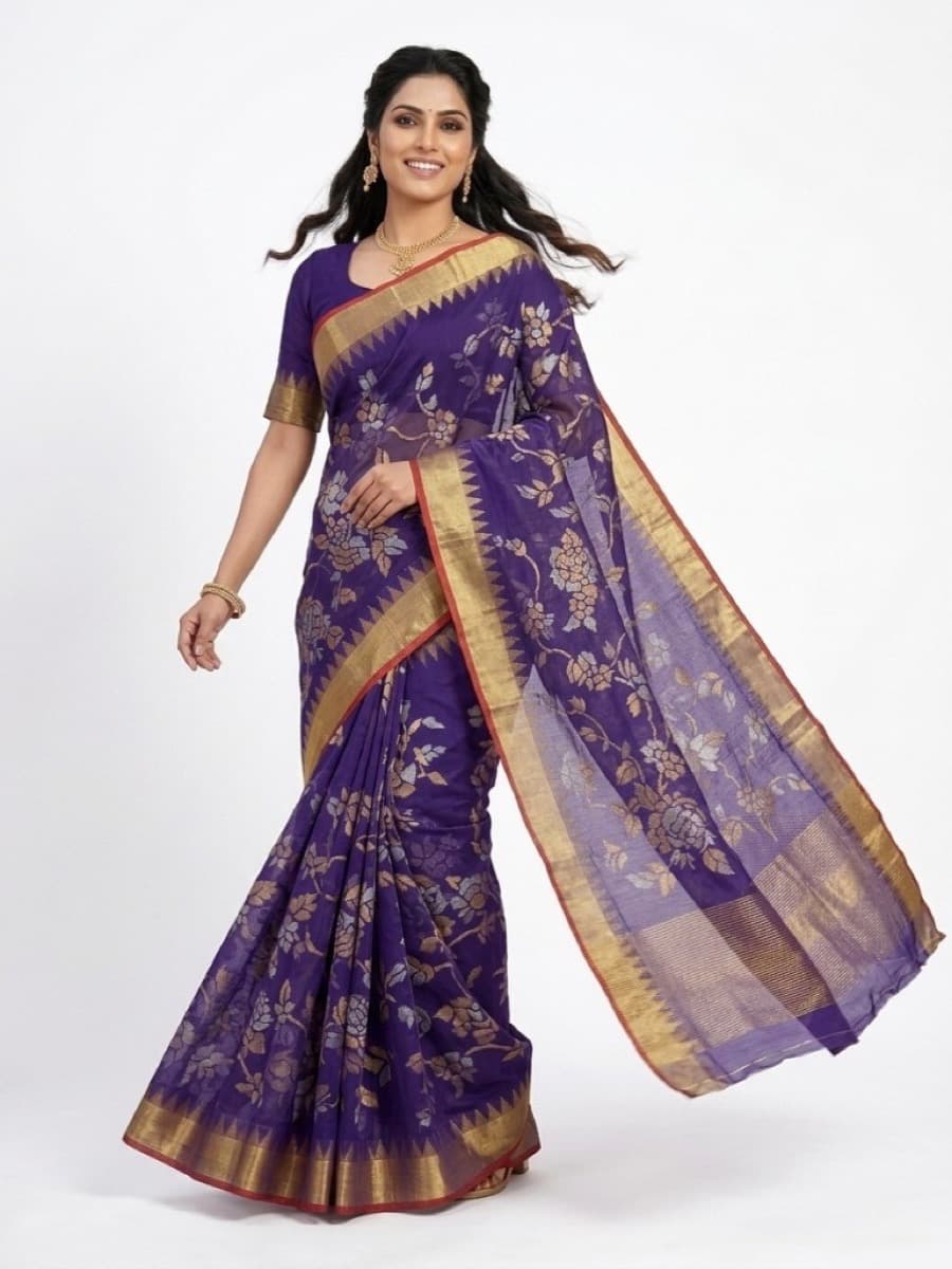 Aparajita purple Jamdani saree mid-stride, gold-striped pallu in motion