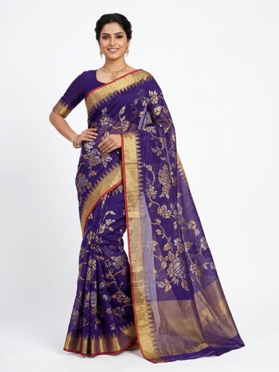 Aparajita purple Jamdani saree on model — gold and silver rose jaal, studio front