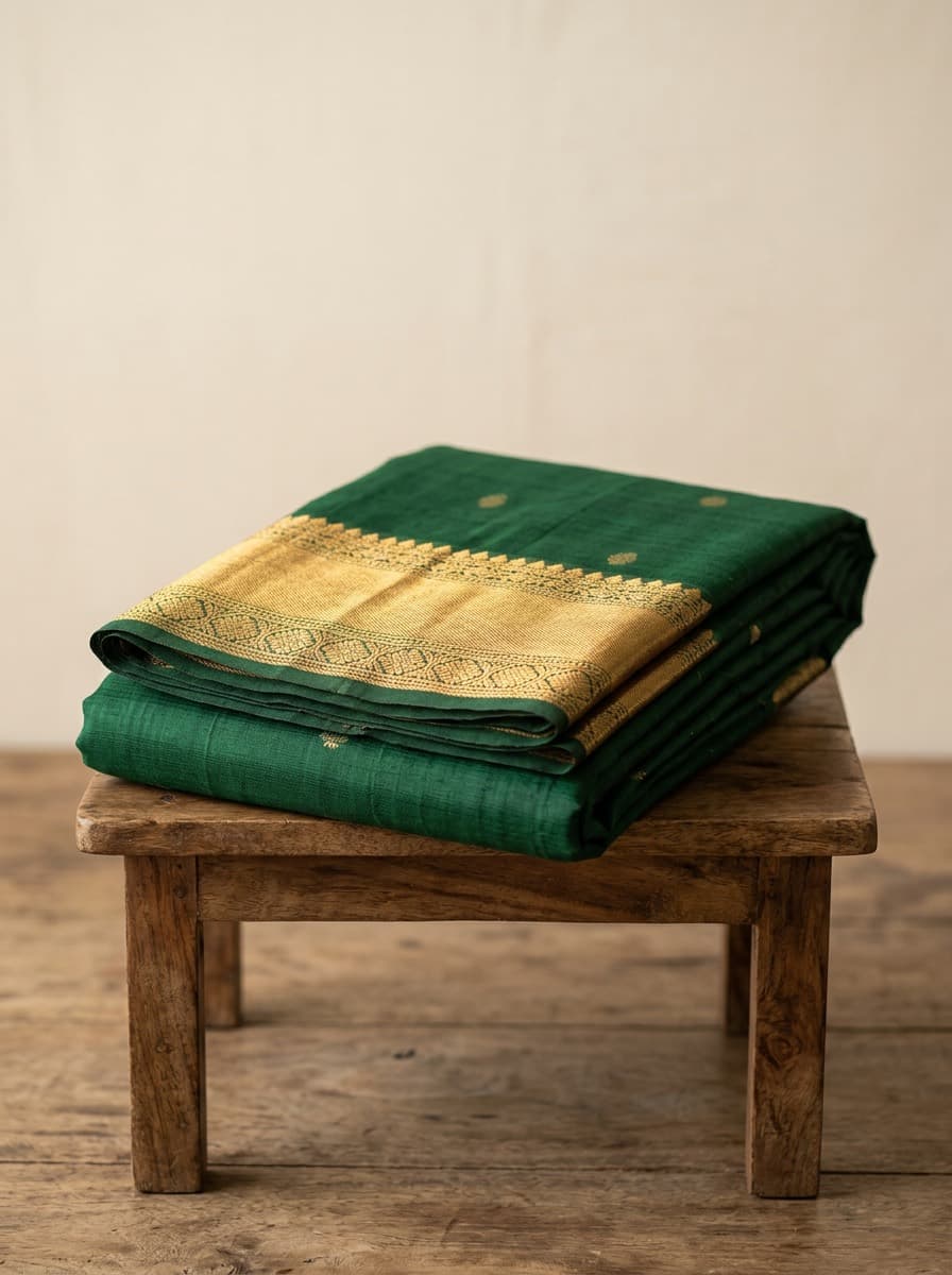 Sindhu, bottle green Mangalagiri cotton saree, front drape