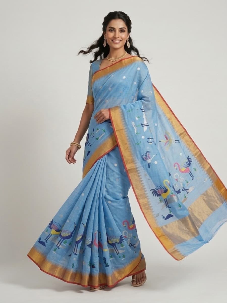 Hansini sky-blue Jamdani saree, front view with gold temple border and bird row