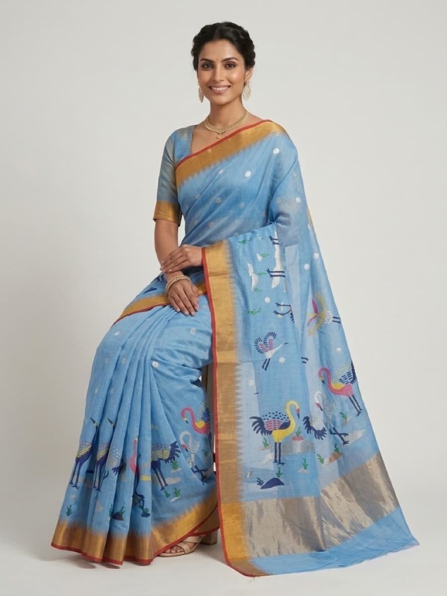 Hansini sky-blue Jamdani saree, seated studio pose showing bird motifs on the fall