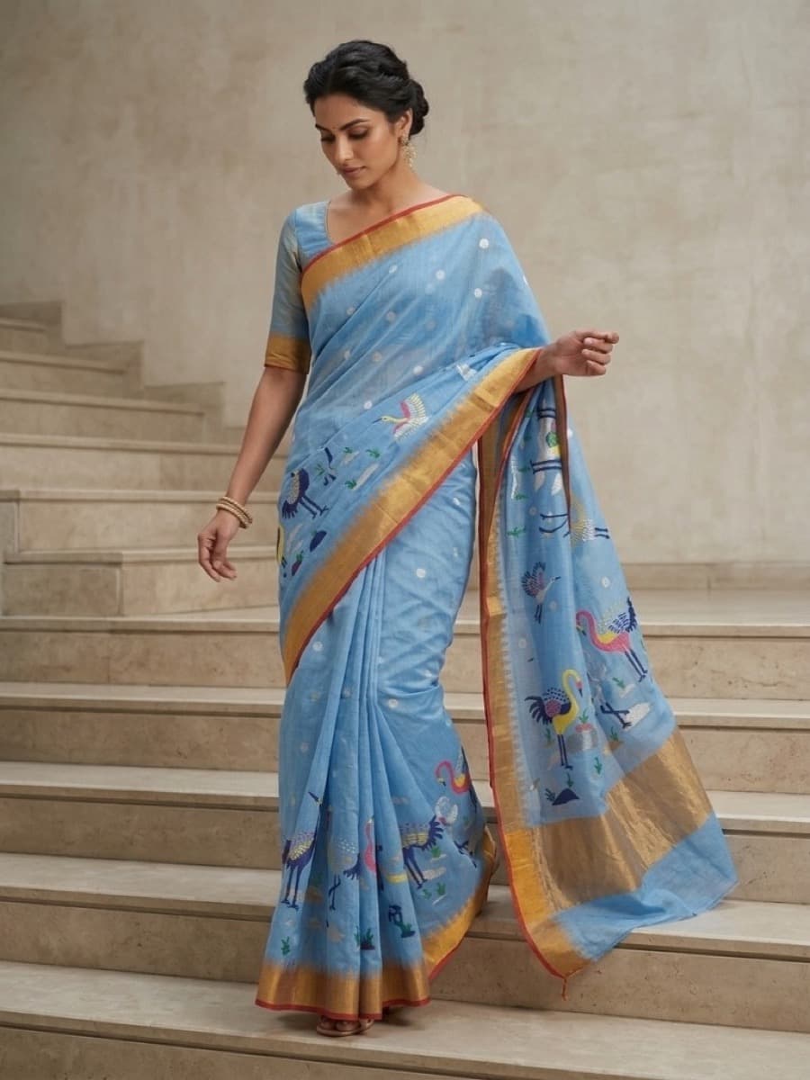 Hansini sky-blue Jamdani saree on a stone staircase, bird motifs catching light
