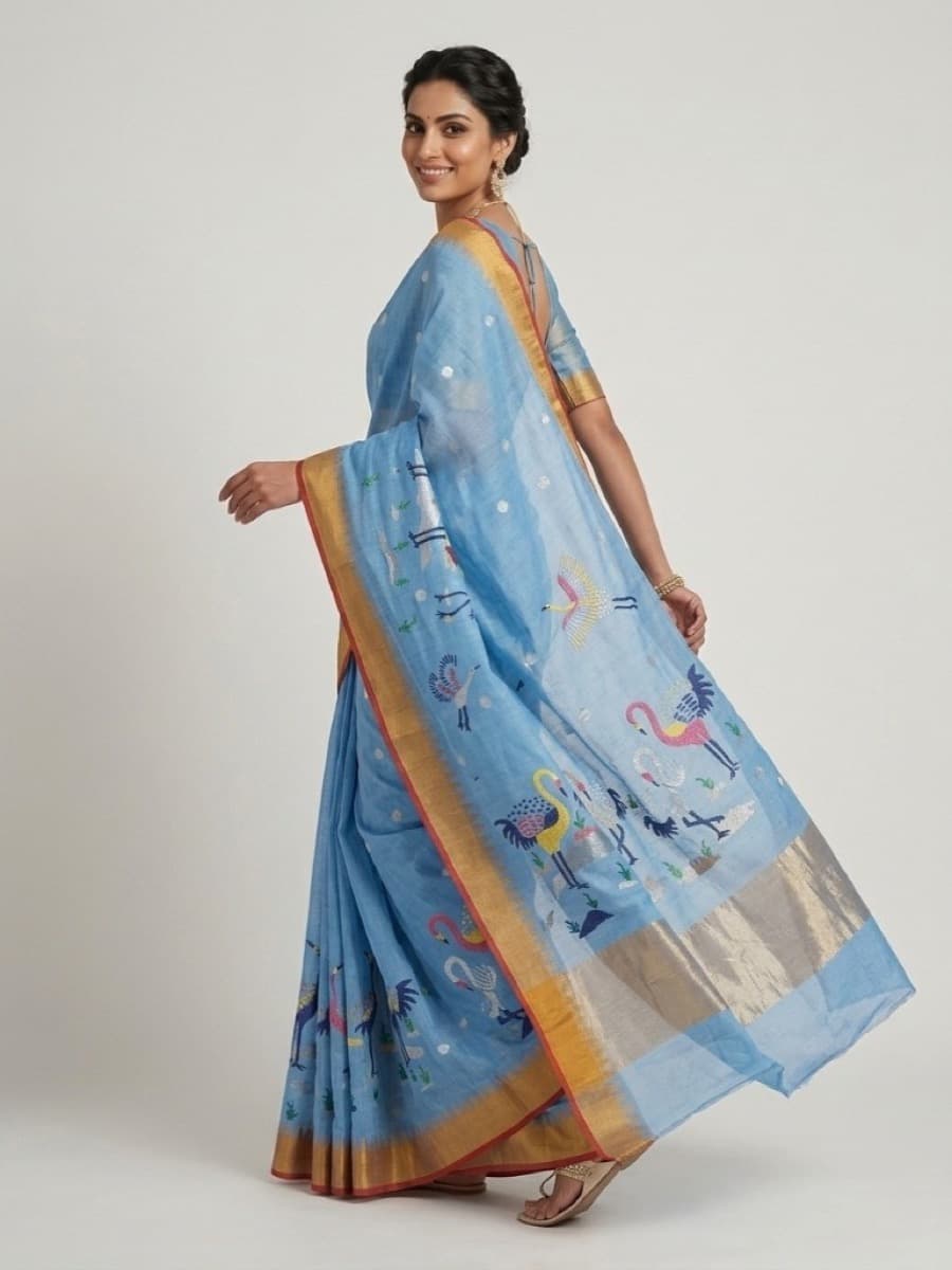 Hansini sky-blue Jamdani saree, looking back with pallu showing woven birds