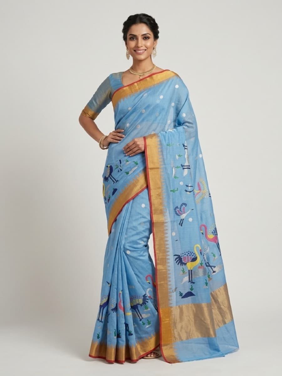 Hansini sky-blue Jamdani saree on model — crane and heron butis, studio