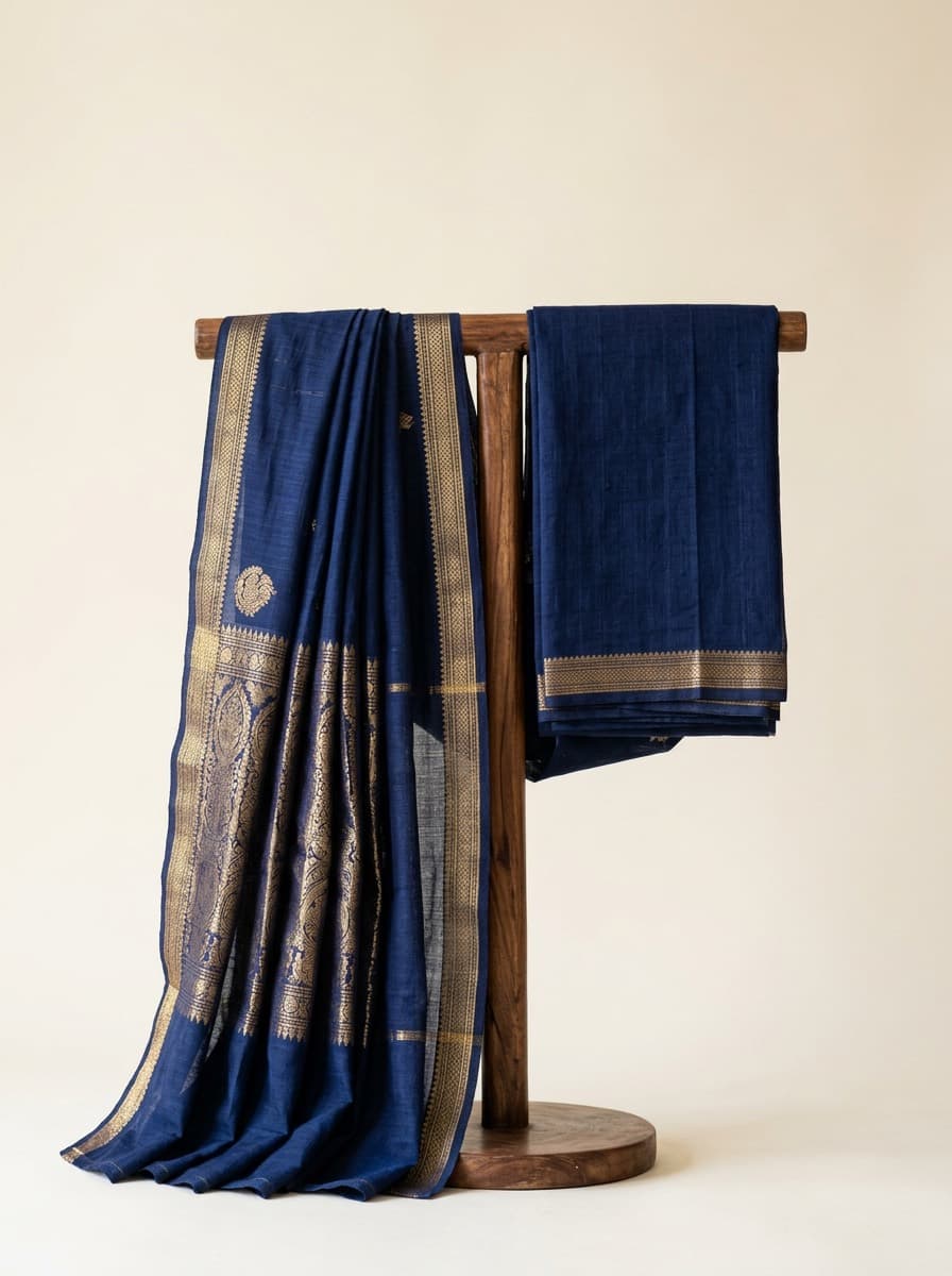 Nilambari, indigo Mangalagiri pattu saree, front view