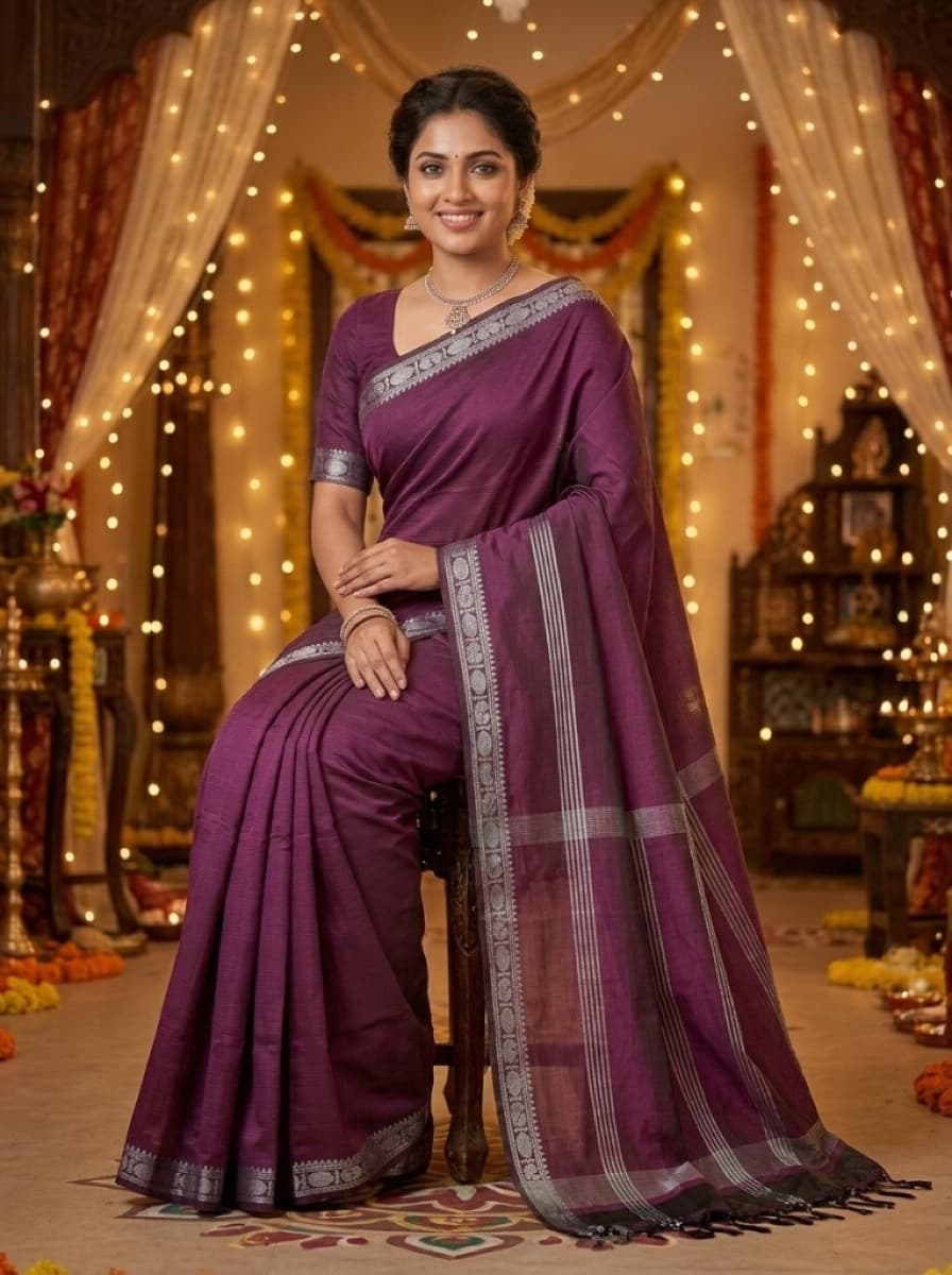 Kadambari plum saree on model seated, festive lights behind