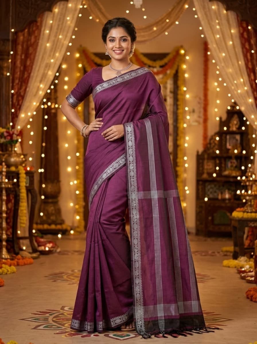 Kadambari plum Mangalagiri cotton saree on model, festive indoor standing portrait
