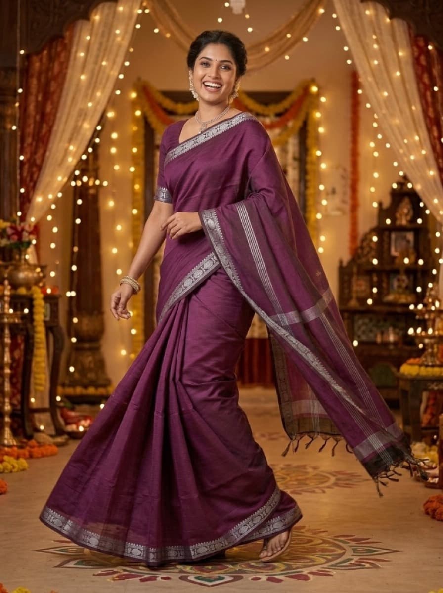 Kadambari plum saree on model mid-step, showing drape and silver border