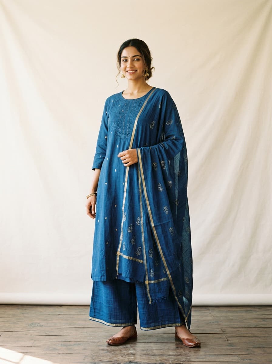Rakta, madder red Mangalagiri cotton outfit, front view