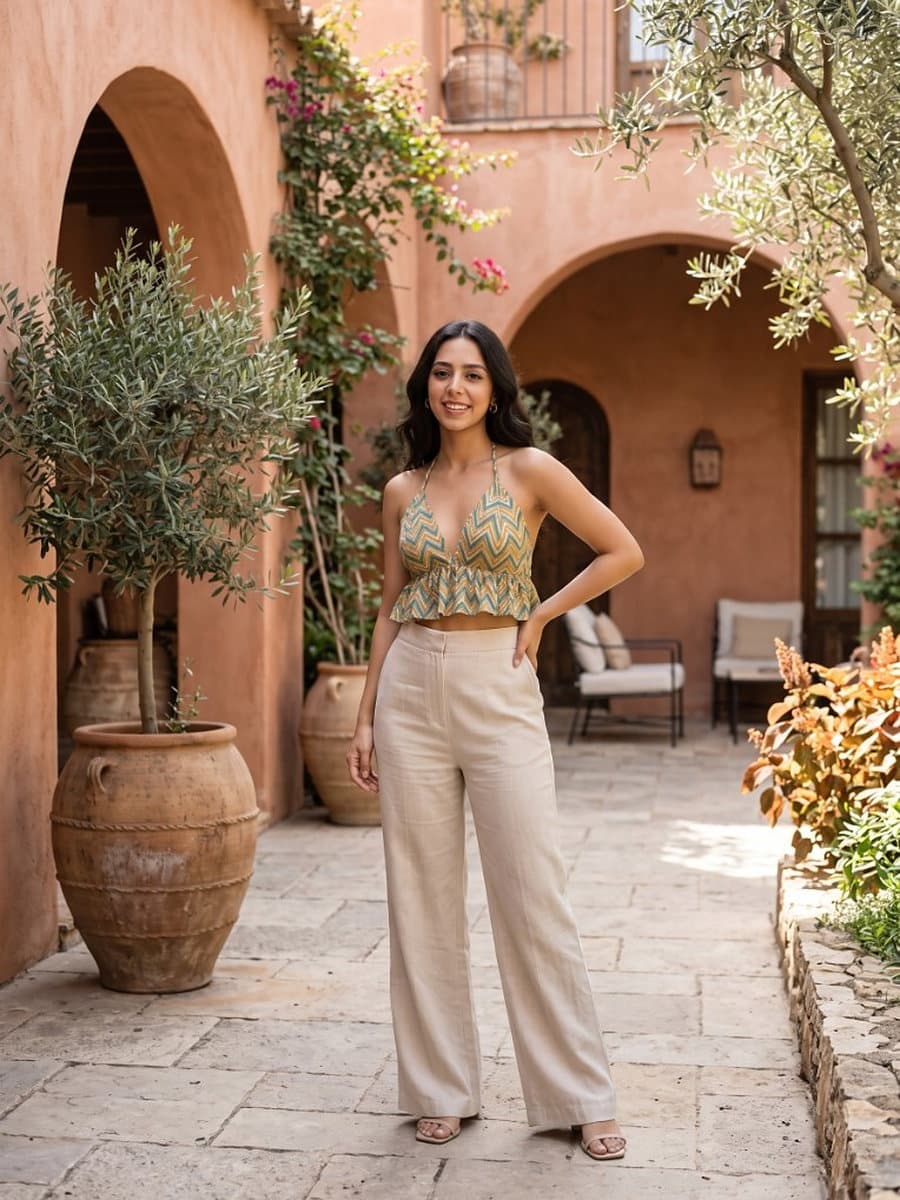 Lahari chevron halter top with beige trousers in a terracotta courtyard