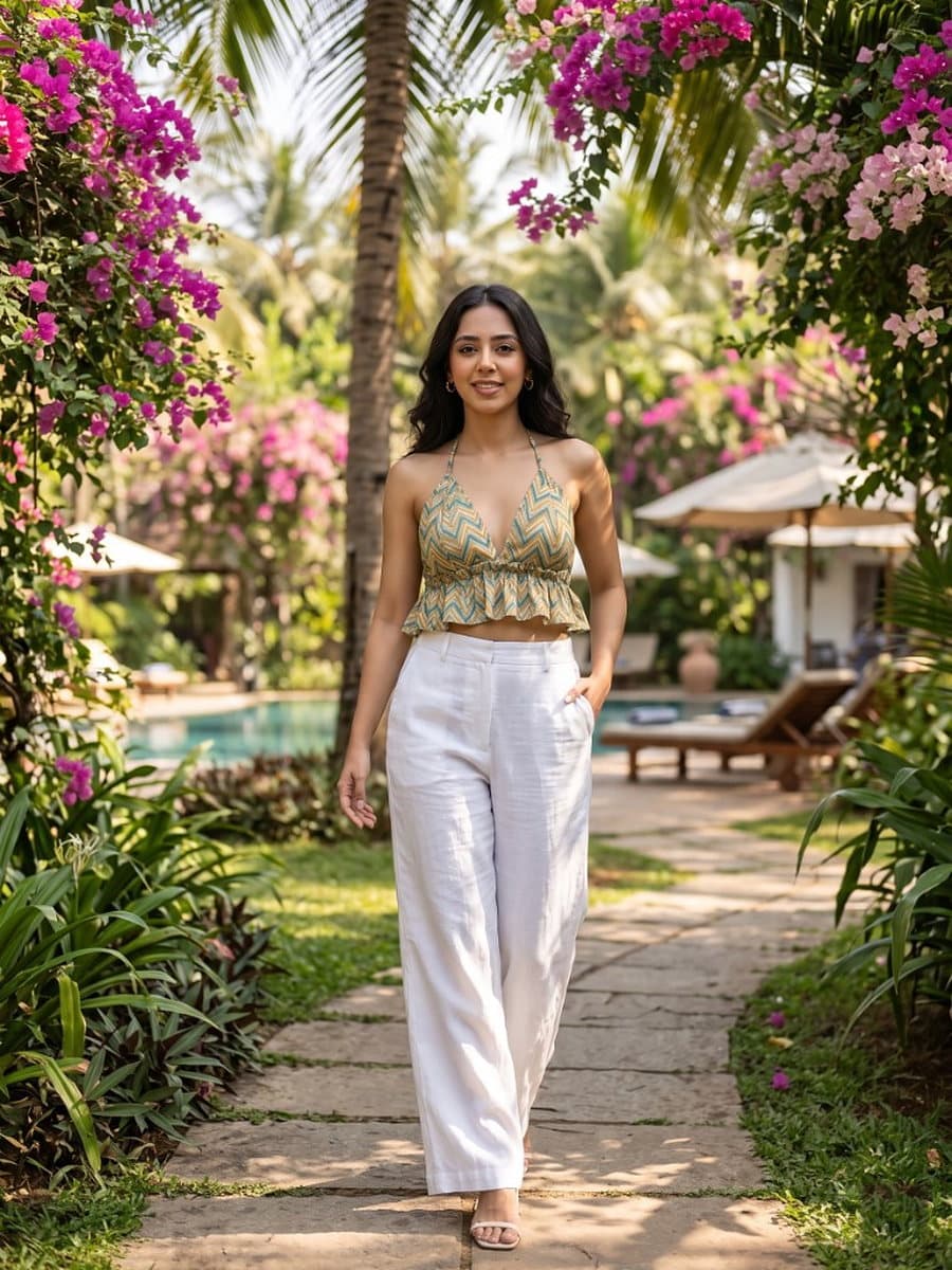 Lahari chevron halter top with white linen trousers on a garden path