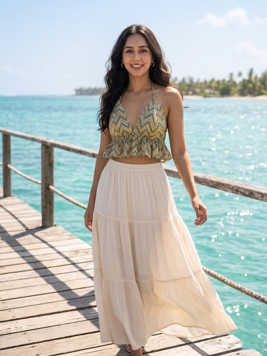 Lahari sage and mustard chevron halter top with a peplum frill, worn with a cream tiered skirt on a wooden pier