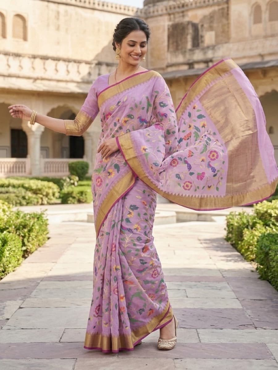 Lilavati lilac Jamdani saree in a heritage courtyard, pallu flared to show bird motifs