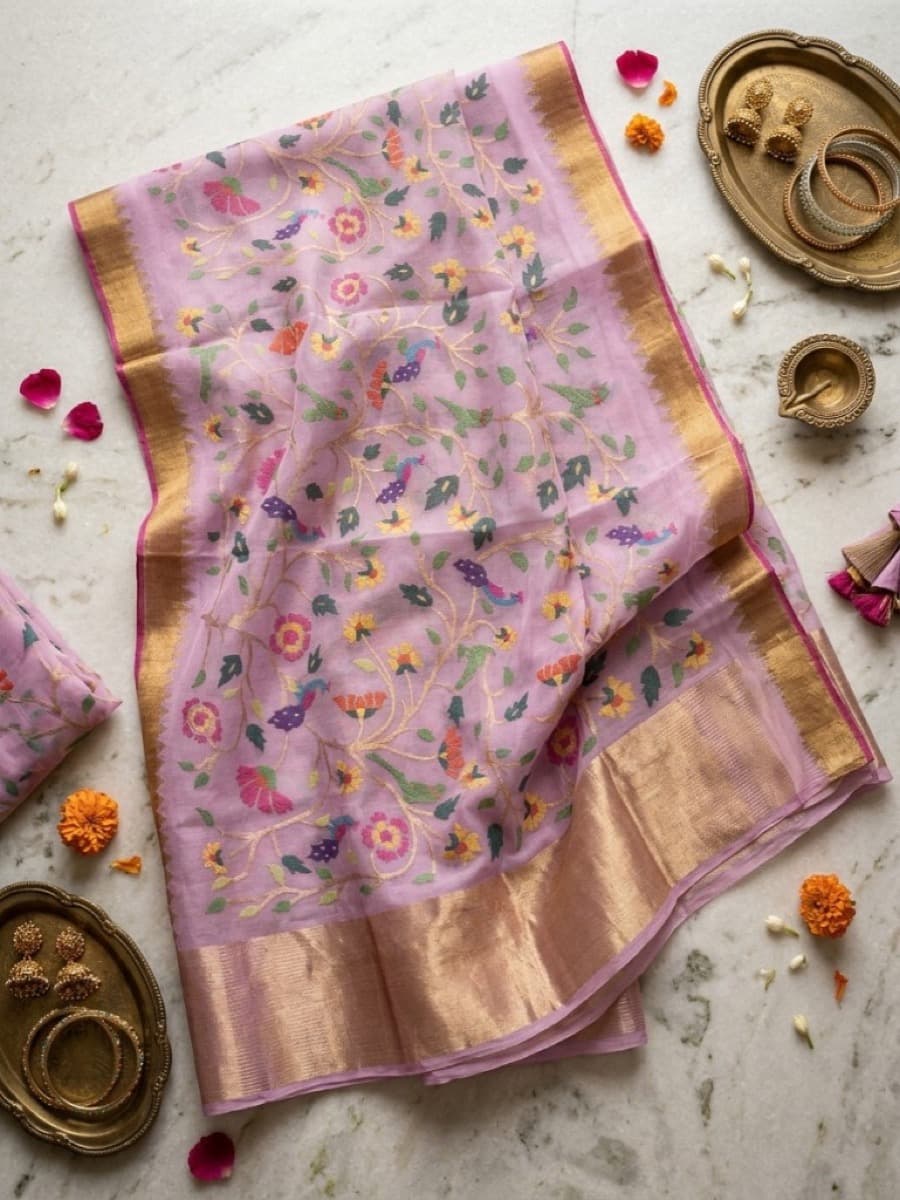Lilavati lilac Jamdani saree flat lay with gold jewelry, rose petals and a lit diya