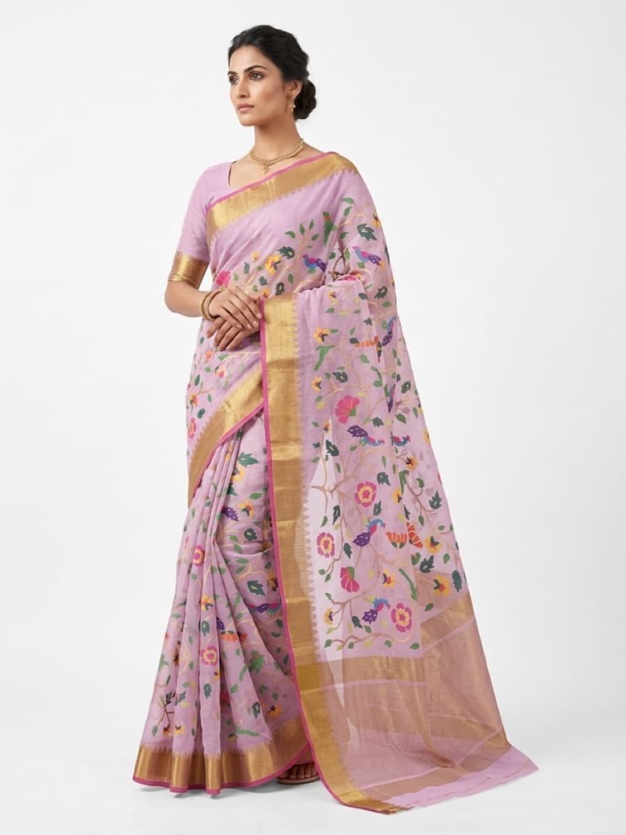 Lilavati lilac Jamdani saree, front view with magenta-piped gold temple border