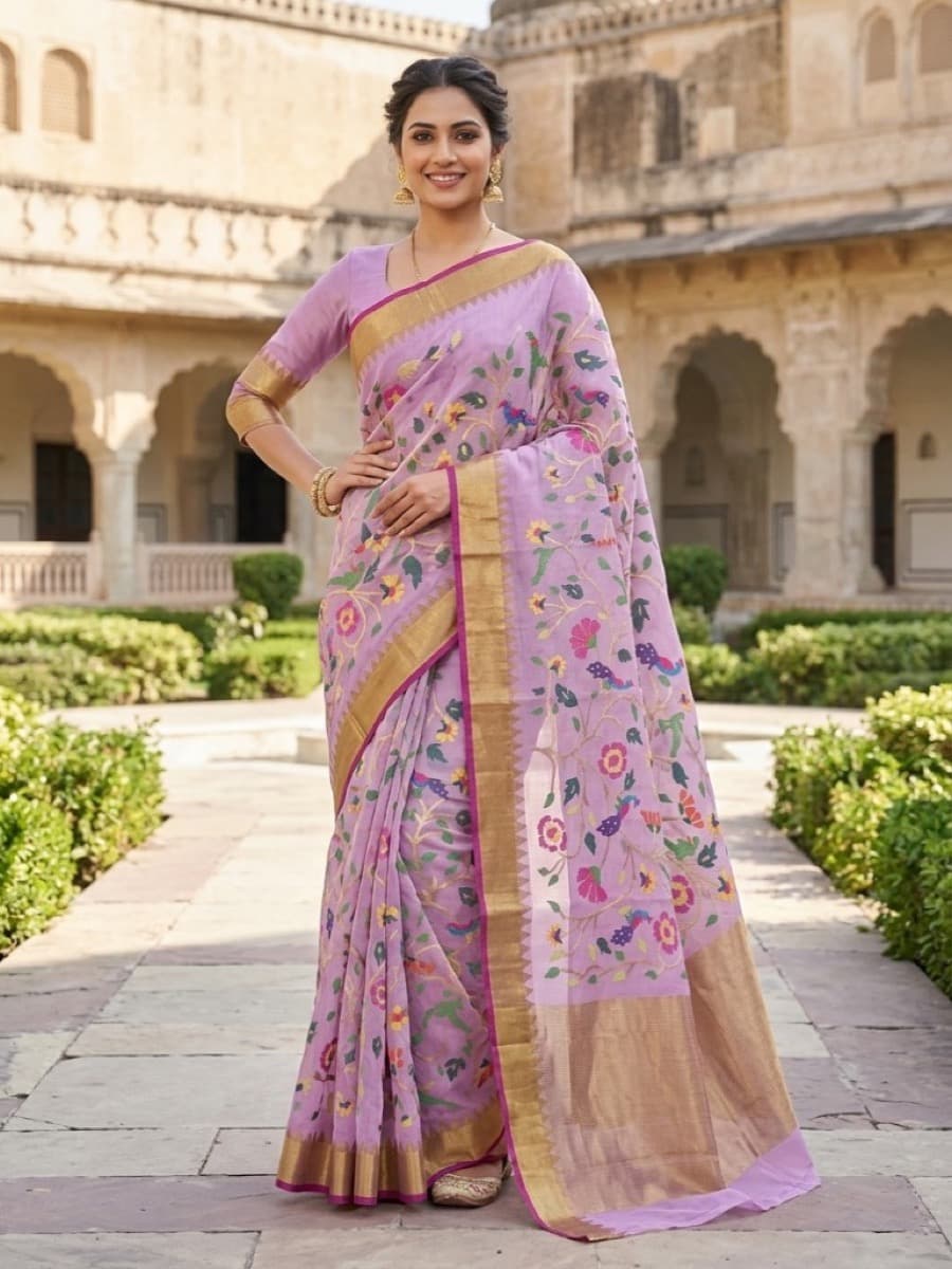 Lilavati lilac Jamdani saree mid-stride in a stone courtyard