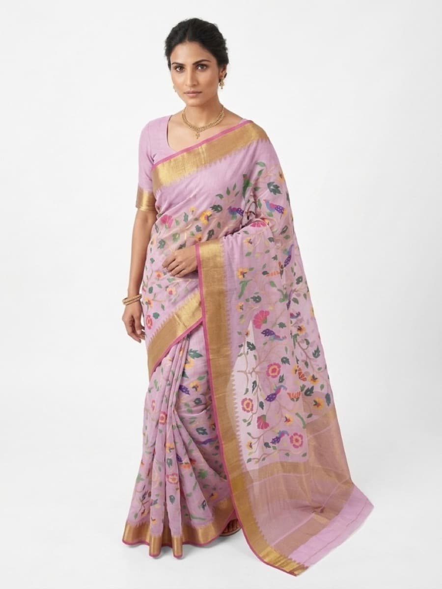 Lilavati lilac Jamdani saree on model — multicolour floral and bird jaal, studio