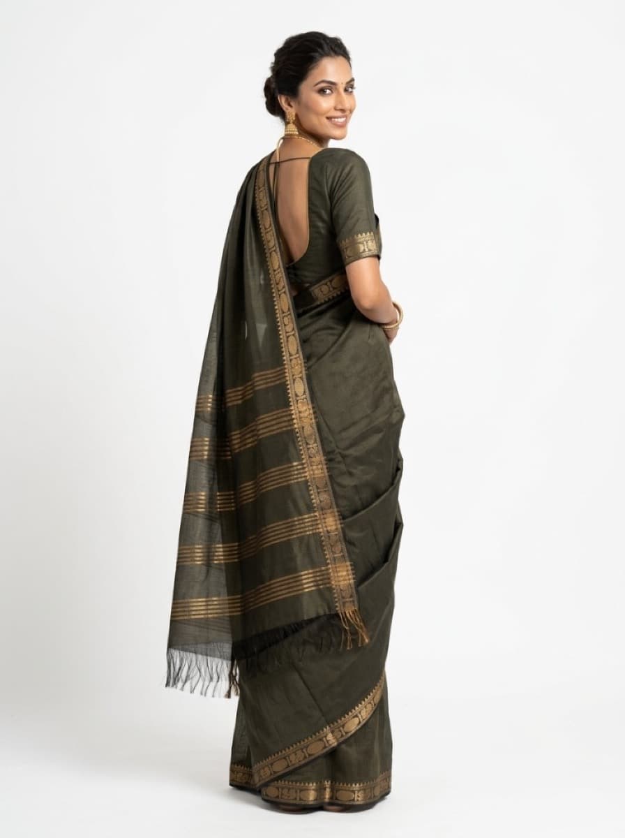 Harita olive saree back view showing pallu and blouse