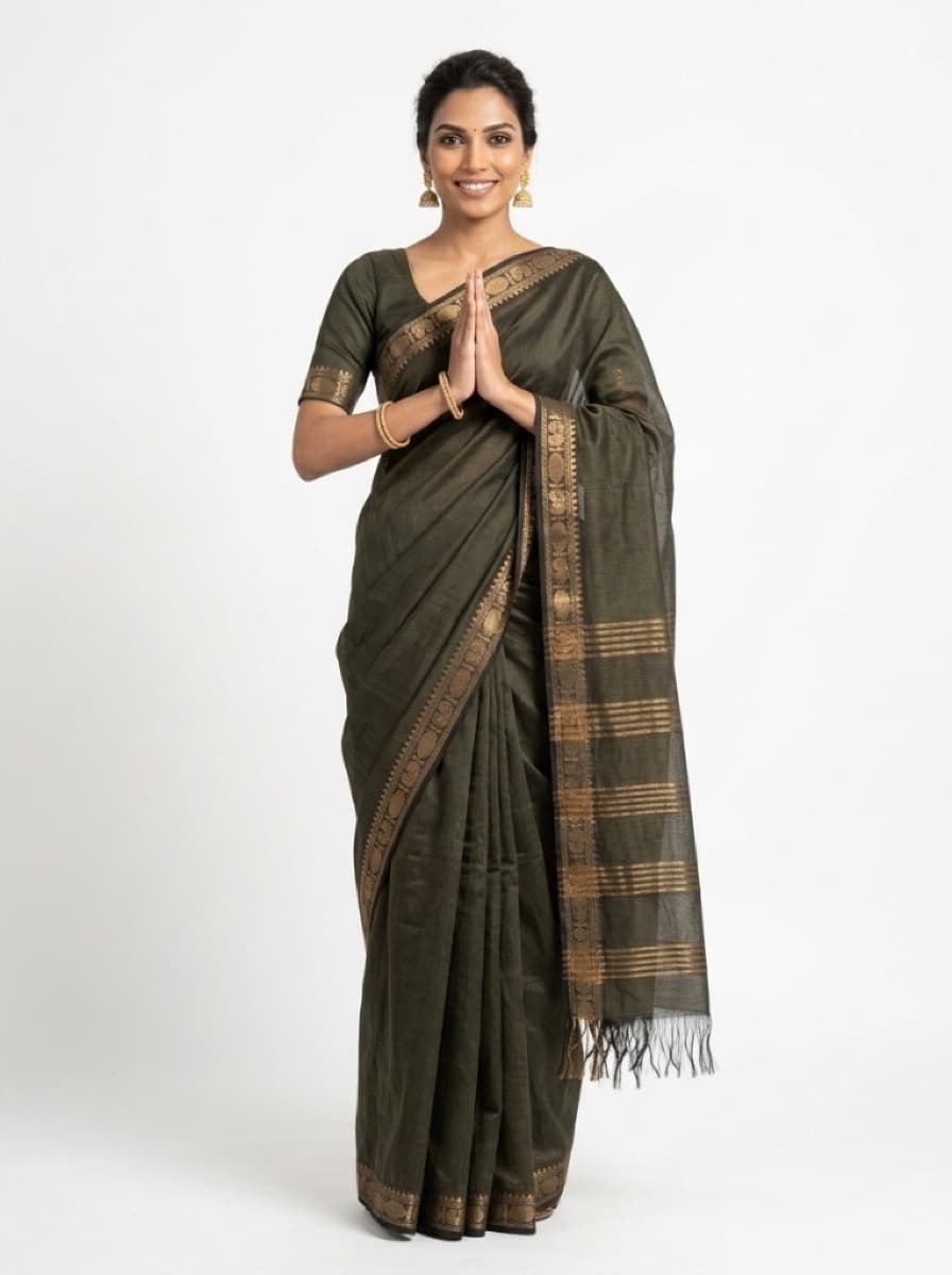 Harita olive saree on model in namaste pose, full front drape