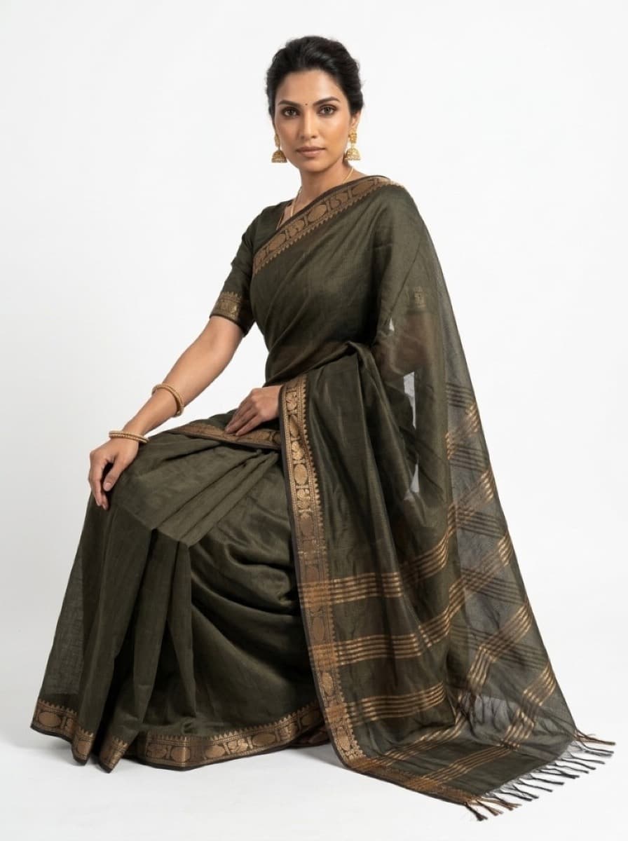 Harita olive saree on model, seated studio portrait