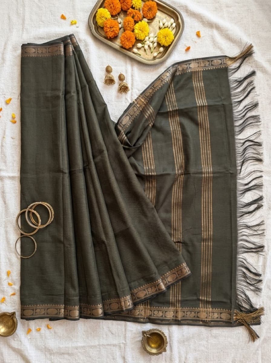 Harita olive Mangalagiri cotton saree flat lay with peacock gold border