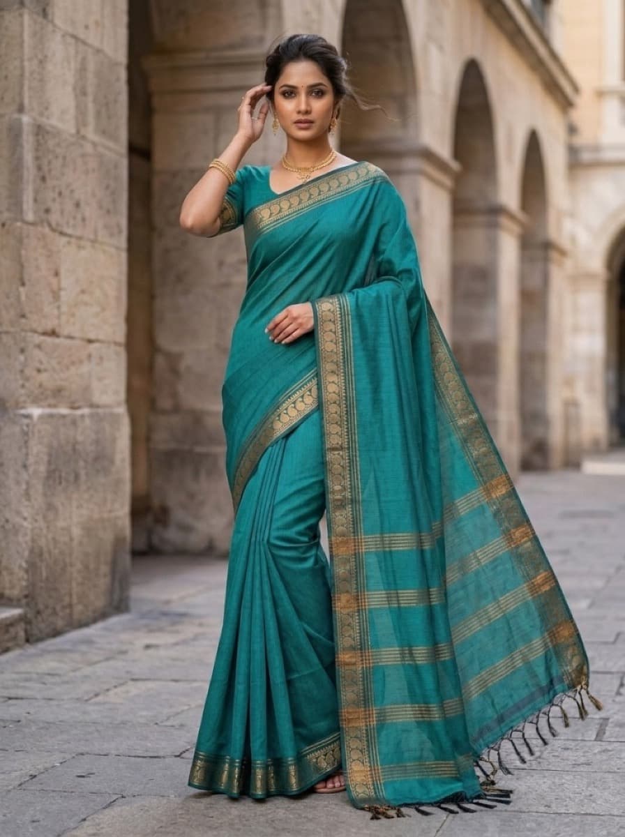 Mayura teal saree on model under arched walkway showing gold-striped pallu