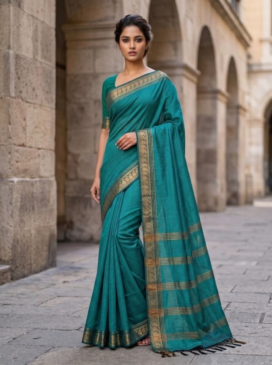 Mayura teal Mangalagiri cotton saree with a gold peacock border