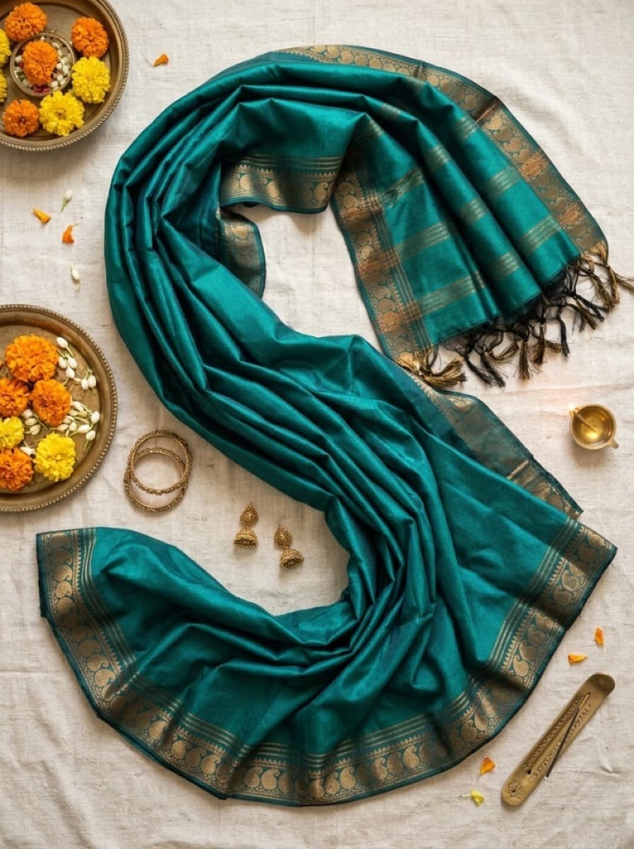 Mayura teal saree flat lay with gold peacock border and tassels