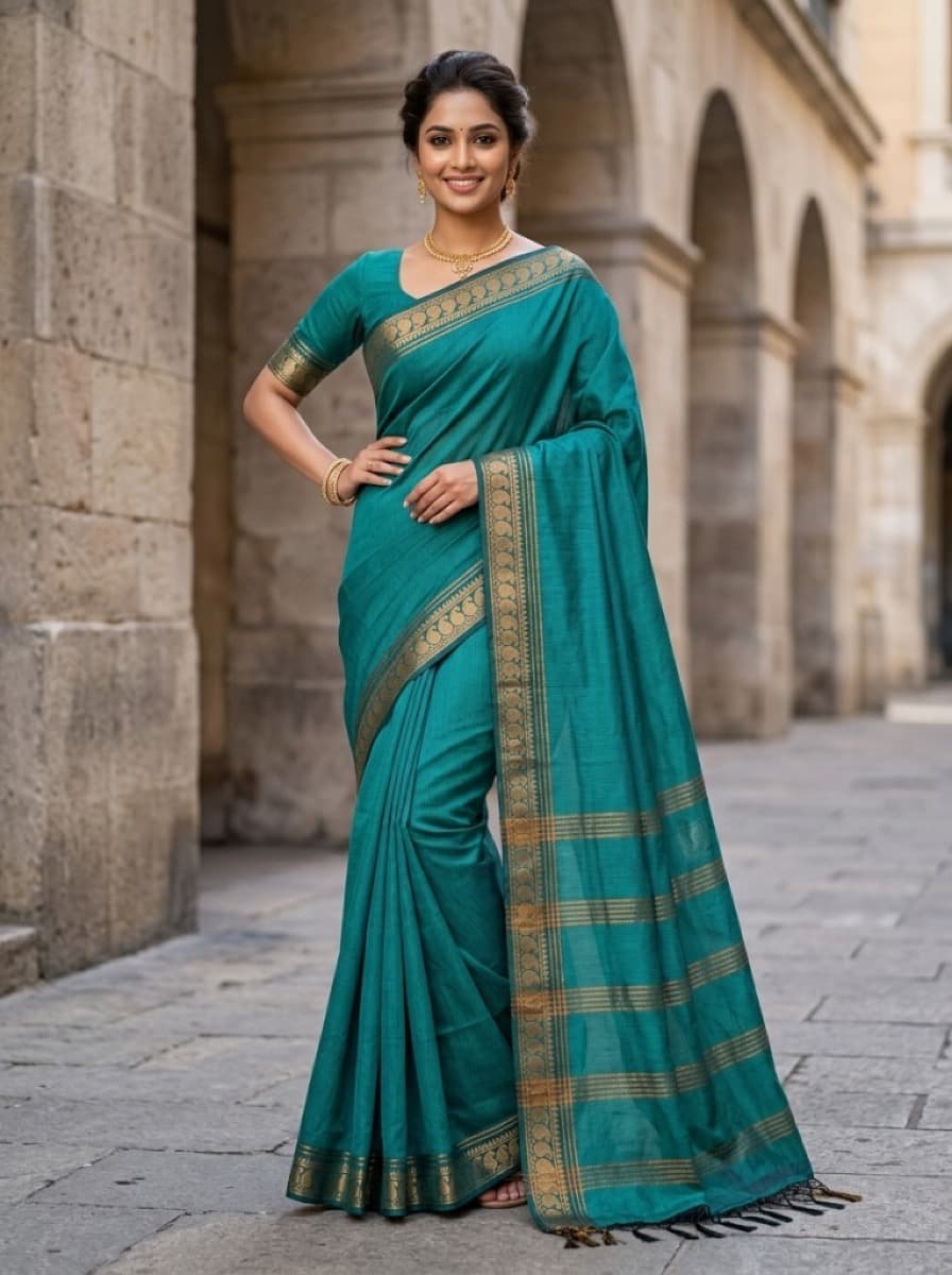 Mayura teal Mangalagiri cotton saree on model in stone archway, gold peacock border