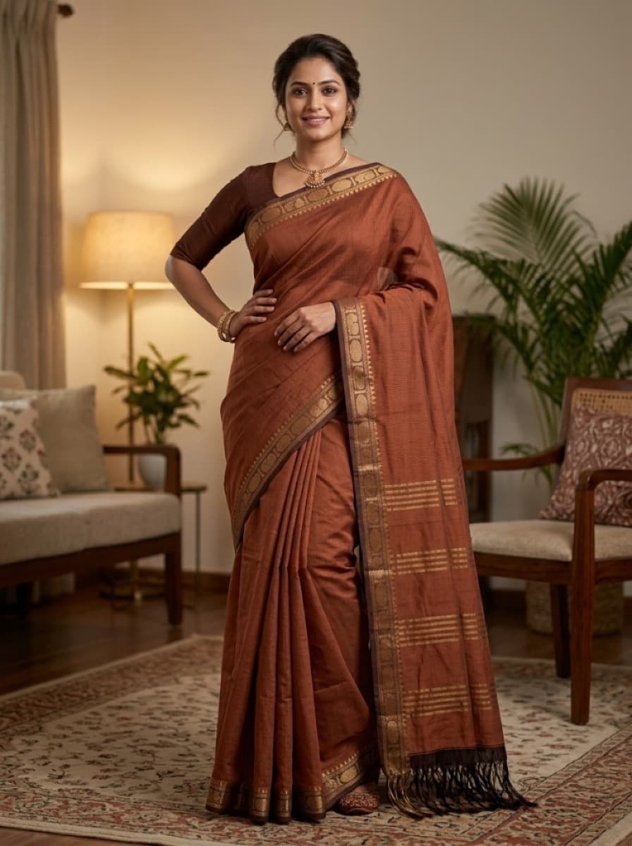 Mrunmayi terracotta saree on model, hand on hip indoor portrait