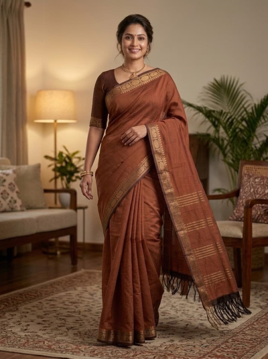 Mrunmayi terracotta saree with chocolate blouse, indoor living room