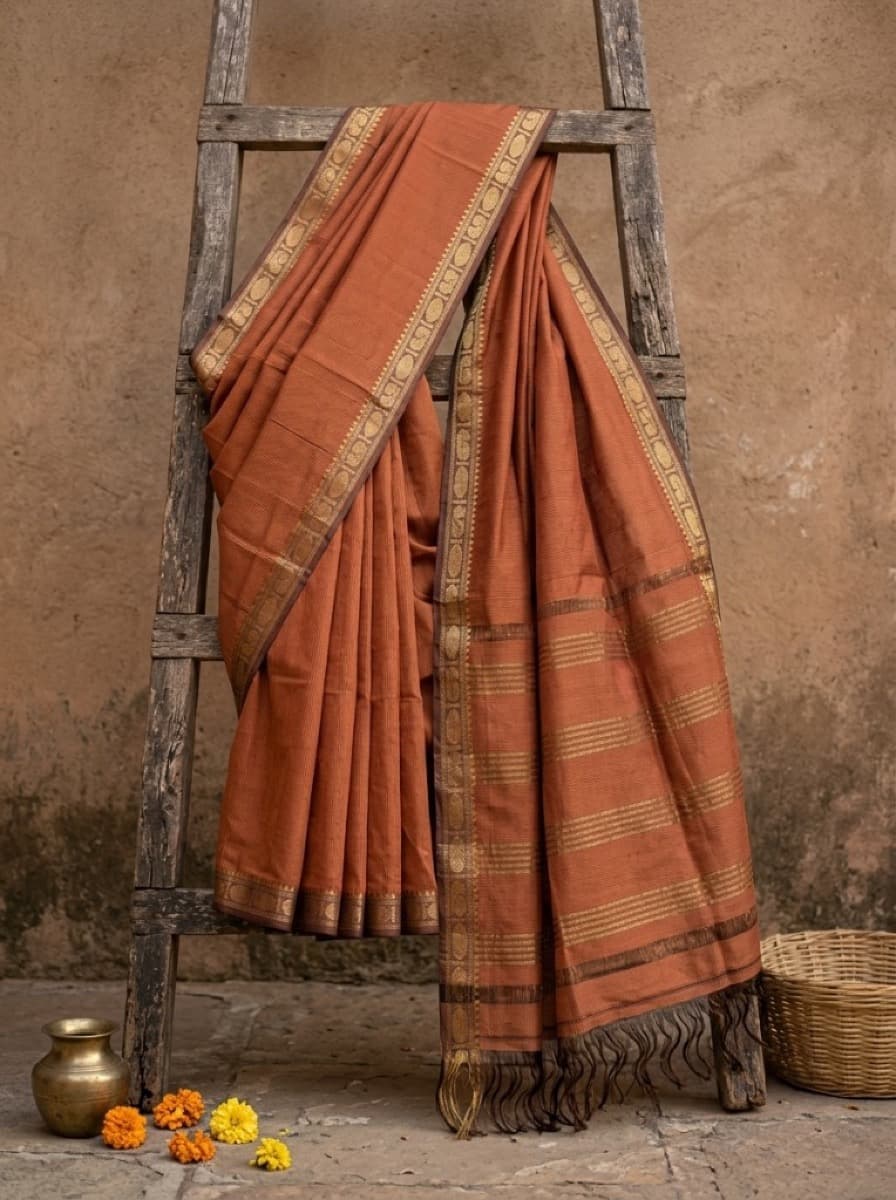 Mrunmayi terracotta saree hung on wooden ladder showing border and pallu