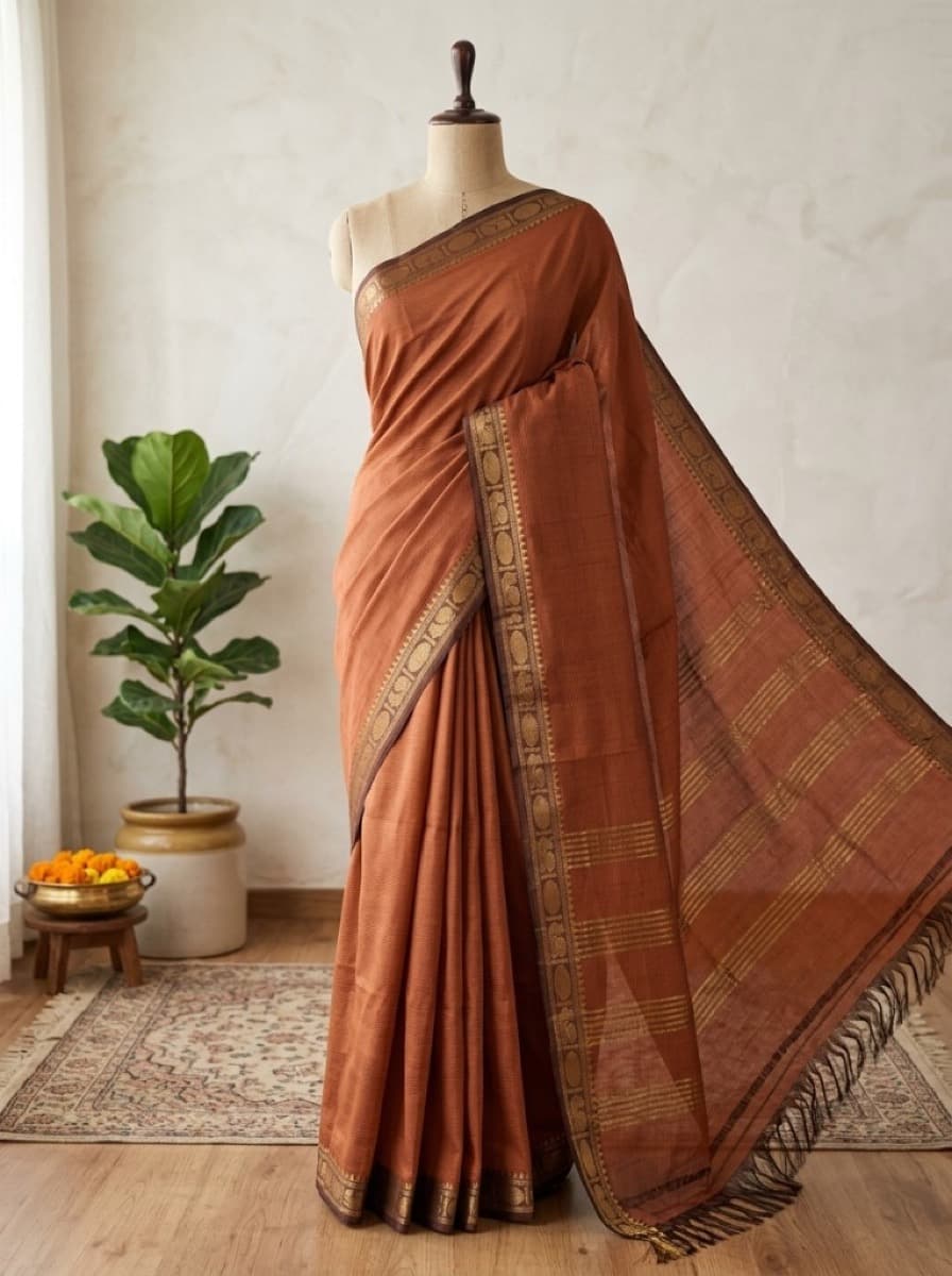 Mrunmayi terracotta saree draped on mannequin with gold peacock border