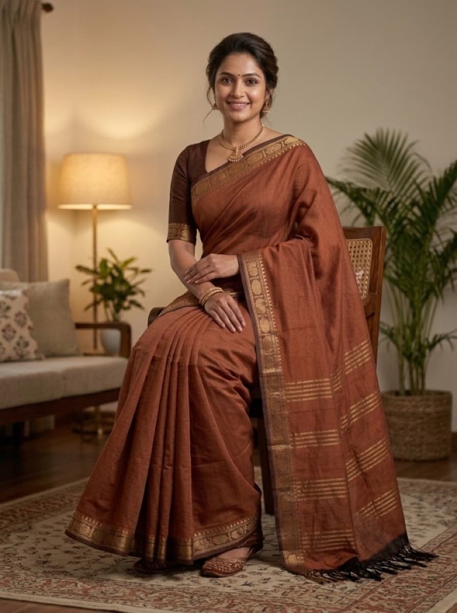 Mrunmayi terracotta saree on model seated indoors