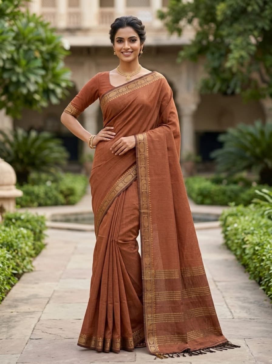 Mrunmayi terracotta Mangalagiri cotton saree on model in heritage courtyard