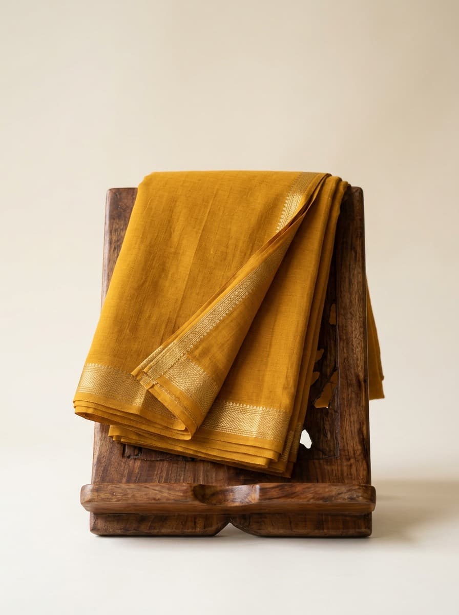 Mustard Mangalagiri cotton saree folded on a stand
