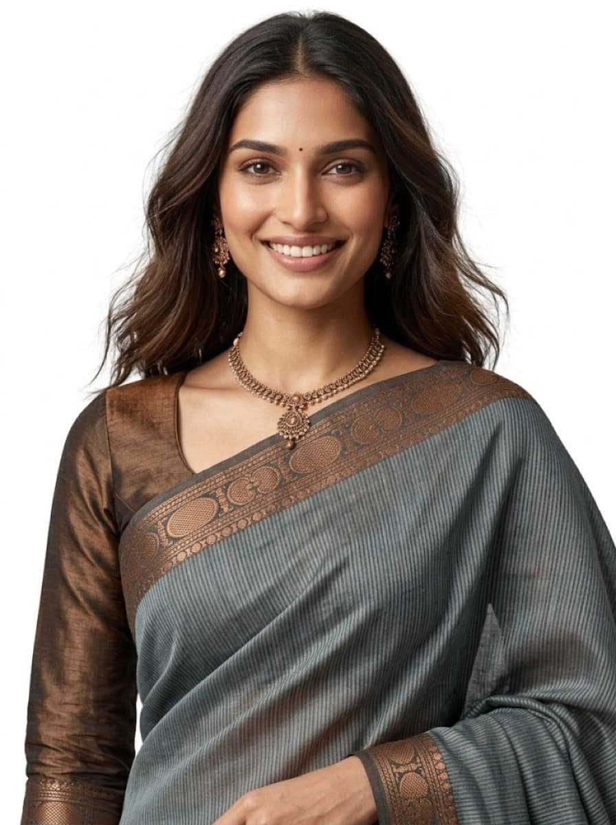 Nilima slate saree close portrait with copper blouse