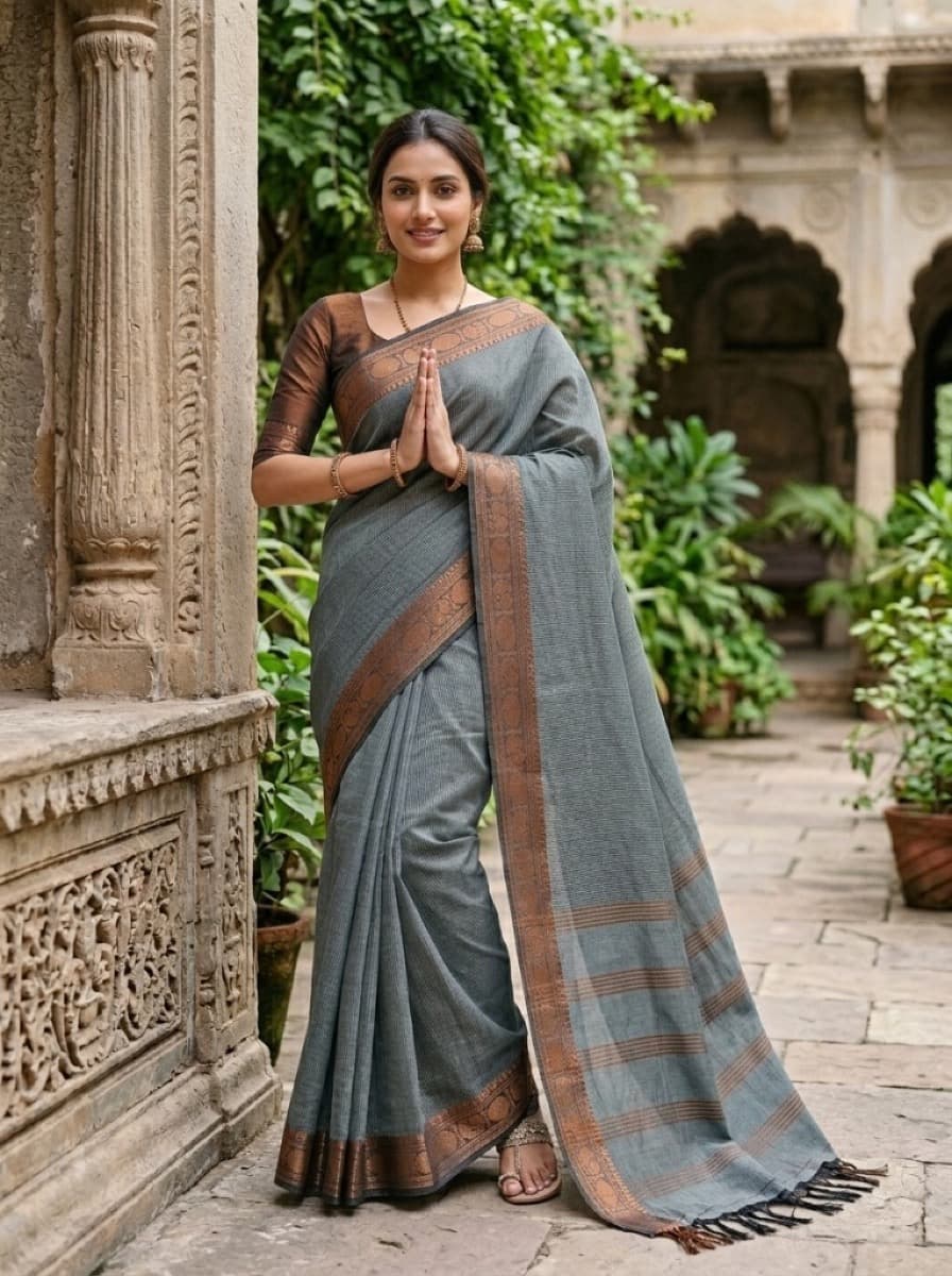 Nilima slate saree on model in namaste pose, heritage courtyard