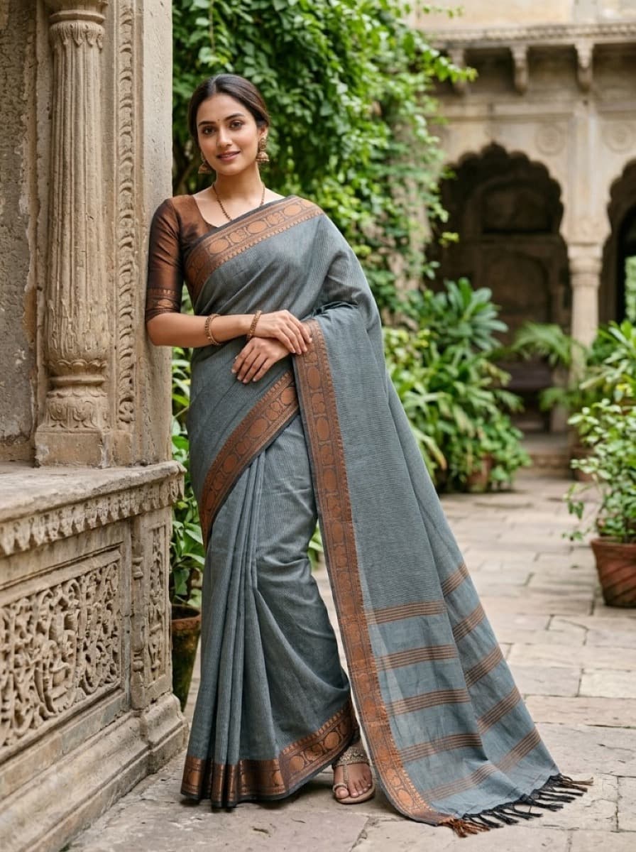 Nilima slate Mangalagiri cotton saree on model by carved stone pillar
