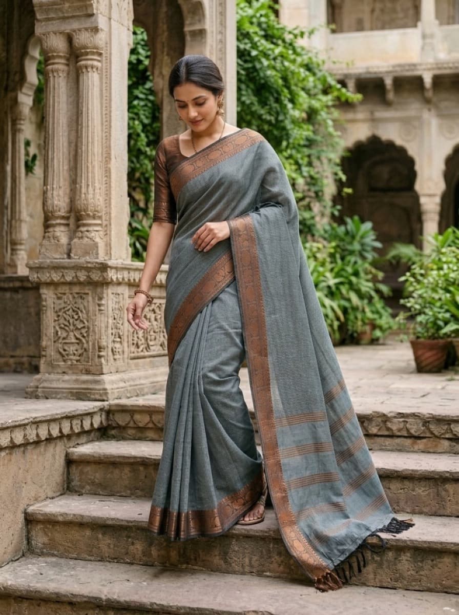 Nilima slate saree on model descending stone steps