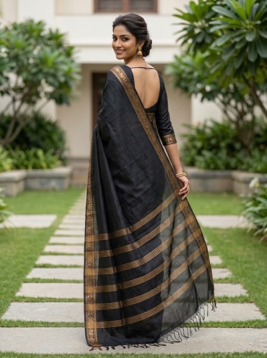 Nishita jet saree back view with scoop-back blouse and gold-striped pallu