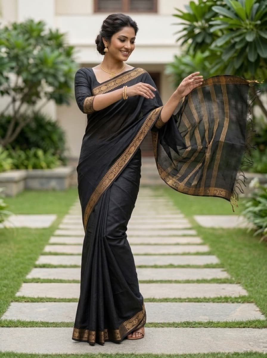 Nishita jet saree with pallu held out showing gold stripes and fringe