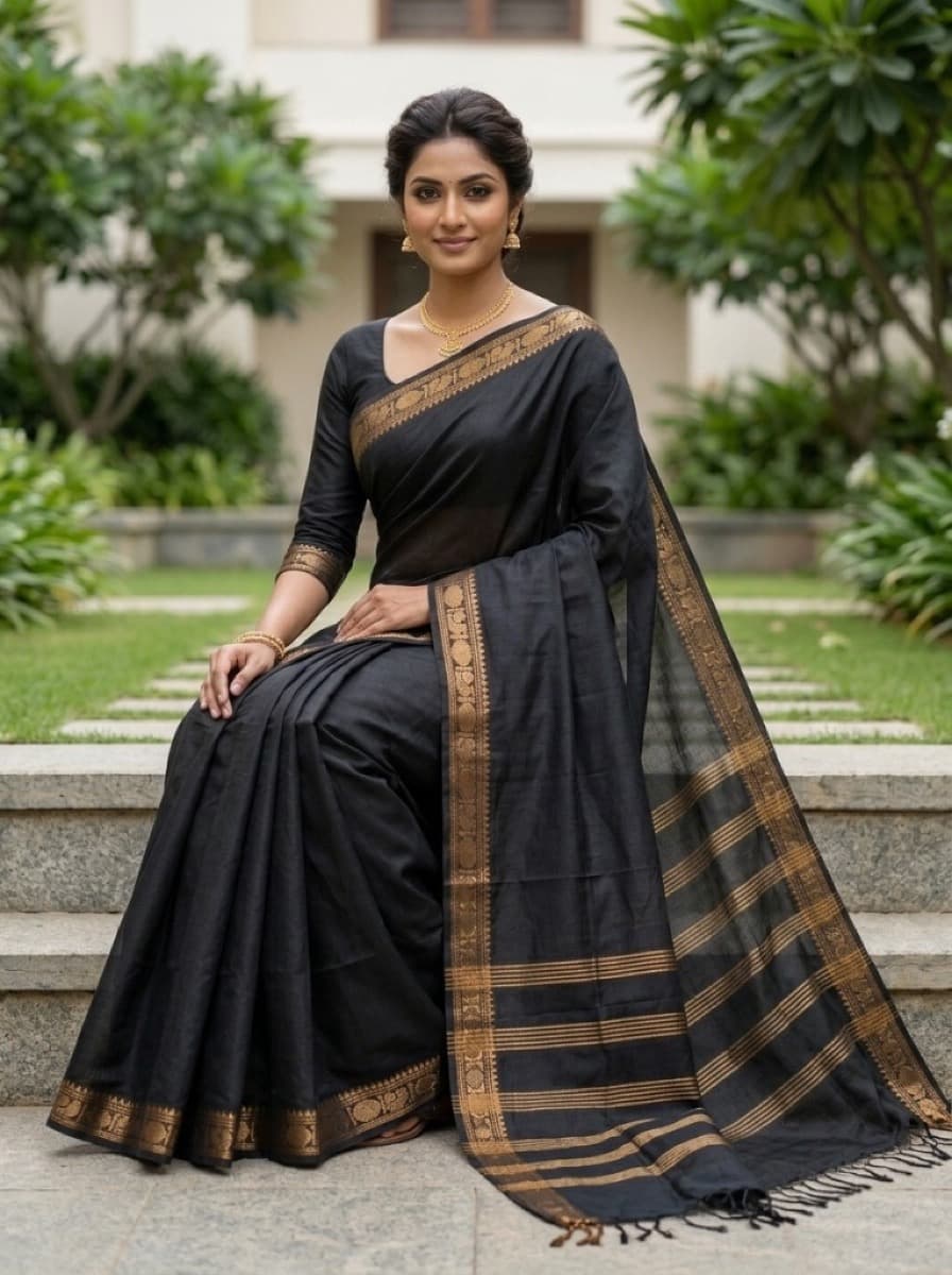 Nishita jet saree on model seated on garden steps