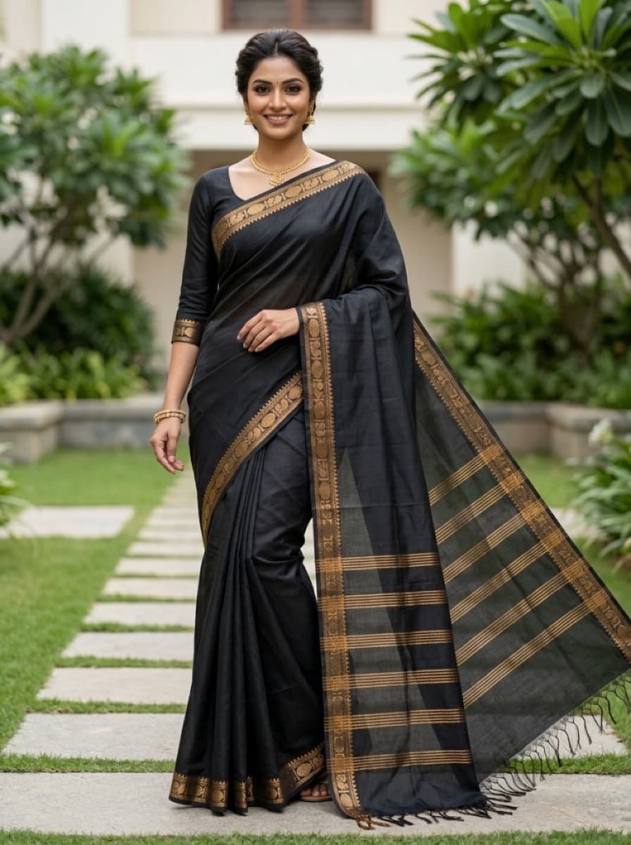Nishita jet-black Mangalagiri cotton saree on model in garden, antique gold peacock border